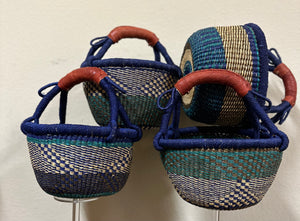 Small African Market Basket | Ghana Bolga Basket | 9"-11" Across - Green With Blue Rim