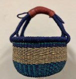 Small African Market Basket | Ghana Bolga Basket | 9"-11" Across - Green With Blue Rim