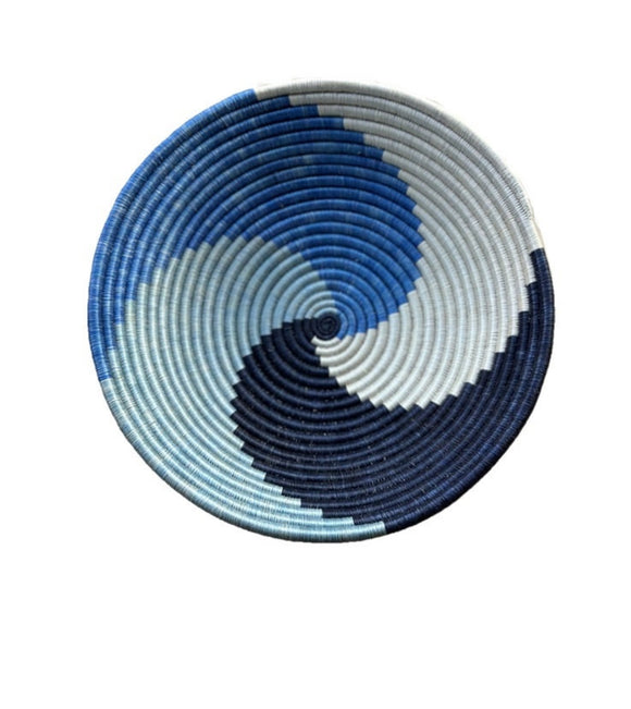 Rwanda Wall Hanging decorative Bowl or Fruit  Basket- Light Blue & Black Swirl