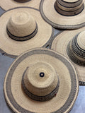 Ghanaian Straw Hats With Wide Brim Colorful Band & Leather Strap Tan & Blue Assorted Colors