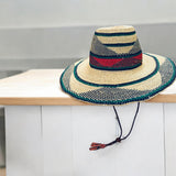 Ghanaian Straw Hats With Wide Brim Band & Leather -  Green and Red . Size:22-25" Cap.