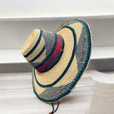 Ghanaian Straw Hats With Wide Brim Band & Leather -  Green and Red . Size:22-25" Cap.