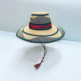 Ghanaian Straw Hats With Wide Brim Band & Leather -  Green and Red . Size:22-25" Cap.