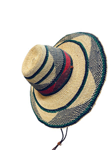 Ghanaian Straw Hats With Wide Brim Band & Leather -  Green and Red . Size:22-25" Cap.