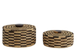 Classic Cylinder Storage Woven Basket With Lid: Sunga Lidded Tray Baskets - Brown