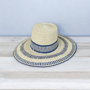 Ghanaian Straw Hats With Wide Brim Band & Leather -  Black Stripes. Size:22-25" Cap.