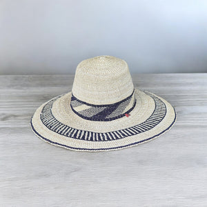 Ghanaian Straw Hats With Wide Brim Band & Leather -  Black Stripes. Size:22-25" Cap.