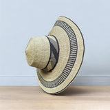 Ghanaian Straw Hats With Wide Brim Band & Leather -  Black Stripes. Size:22-25" Cap.