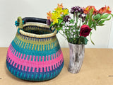 Ghana Pot Basket Blue & Fuchsia - diameter: 16"-18"; depth: 13"-15"