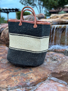 Black & White Mifuko Kiondo Kenya Bag, Shopping Bag, Picnic Bag, Storage, Floor Basket, Home Diameter: 17" x  Height: 17" With Straps: 20.5"