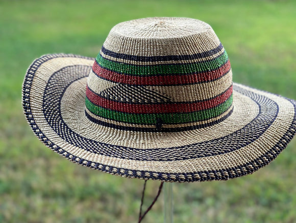 Ghanaian Straw Hats With Wide Brim Band & Leather -  Green Flag