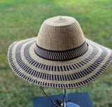 Ghanaian Straw Hats With Wide Brim Band & Leather -  Black Stripes