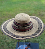 Ghanaian Straw Hats With Wide Brim Band & Leather -  Black & Purple