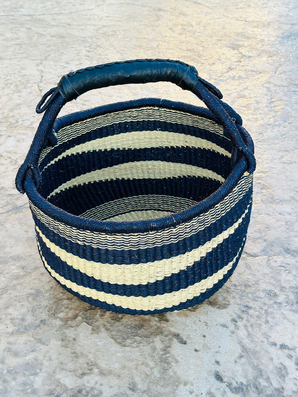 African Market Basket - Bolga Ghana Navy Blue W/ Black Handles - Large: W:14