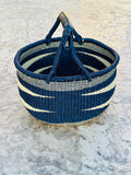 African Market Basket - Bolga Ghana Navy Blue W/ Black Handles - Large: W:14"-16"  x H: 10"