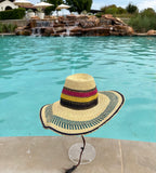 Ghanaian Straw Hats With Wide Brim Band & Leather -  Red, Yellow & Black Ring