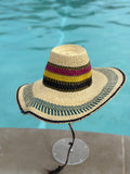 Ghanaian Straw Hats With Wide Brim Band & Leather -  Red, Yellow & Black Ring