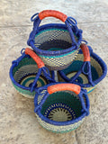 Small African Market Basket | Ghana Bolga Basket | 9"-11" Across - Green With Blue Rim