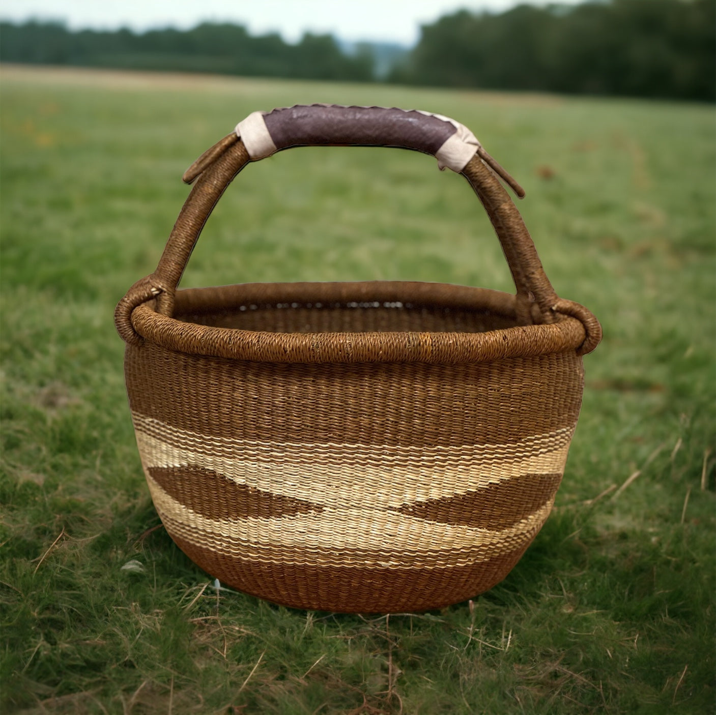 Ghana Small Hand Woven Dark Green Grass Leather Pot Basket shops