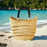African Natural Open Wave Ghana U-Shopper Beach Tote Bag Basket - Big Rim Black & Tan Handles