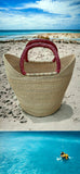 African Natural Open Wave Ghana U-Shopper Yikene Beach Tote Bag Basket - Brown Handles
