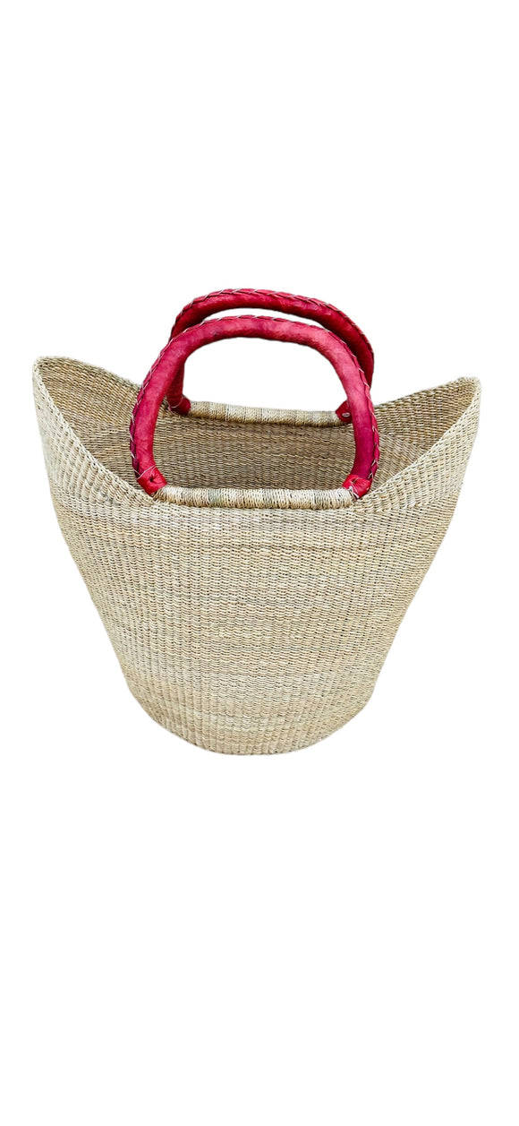 African Natural Open Wave Ghana U-Shopper Yikene Beach Tote Bag Basket - Brown Handles
