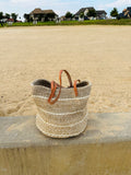 Tan & White Stripes Mifuko Kiondo Kenya Beach Bag Shopping Bag, Picnic Bag, Storage, Floor Basket, Home Decor Diameter: 19" x Height: 12" With Straps: 27"