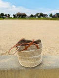Tan & White Stripes Mifuko Kiondo Kenya Beach Bag Shopping Bag, Picnic Bag, Storage, Floor Basket, Home Decor Diameter: 19" x Height: 12" With Straps: 27"