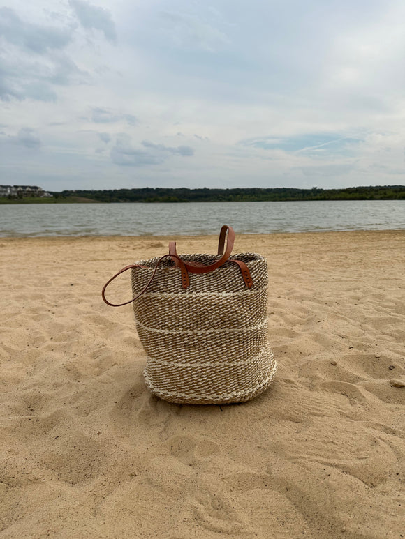 Tan & White Stripes Mifuko Kiondo Kenya Beach Bag Shopping Bag, Picnic Bag, Storage, Floor Basket, Home Decor Diameter: 19