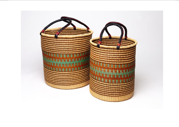 Ghana Natural With Brown and Turquoise Traditional Handwoven African Ghana Laundry Basket Natural Hamper basket