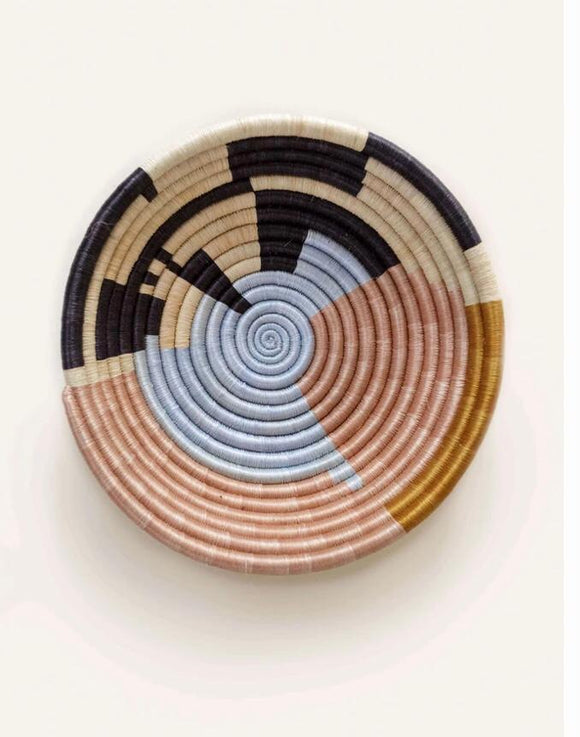 African  Rwanda Woven Basket - Abstract Form Plateau Blue