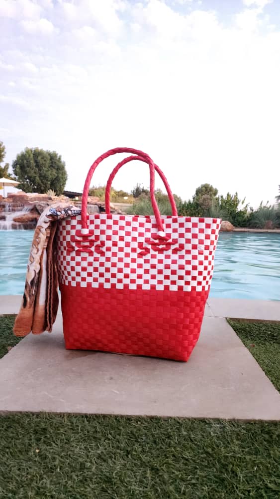 Rwanda Recycled Plastic Open Tote Bag - Red & White