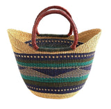 Large Green & Blue U-Shopper Yikene - Ghana Beach Tote Bag/Basket - Brown Handles