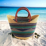 Large Green & Blue U-Shopper Yikene - Ghana Beach Tote Bag/Basket - Brown Handles