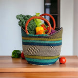Large Green U-Shopper - Ghana Beach Tote Bag/Basket - Brown Handles