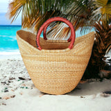 Large U-Shopper - Ghana Beach Tote Bag/Basket - Brown Handles