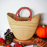 Large U-Shopper - Ghana Beach Tote Bag/Basket - Brown Handles