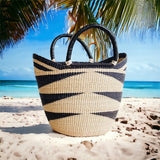 Large U-Shopper - Beach Tote Bag Ghana Basket Black & Tan