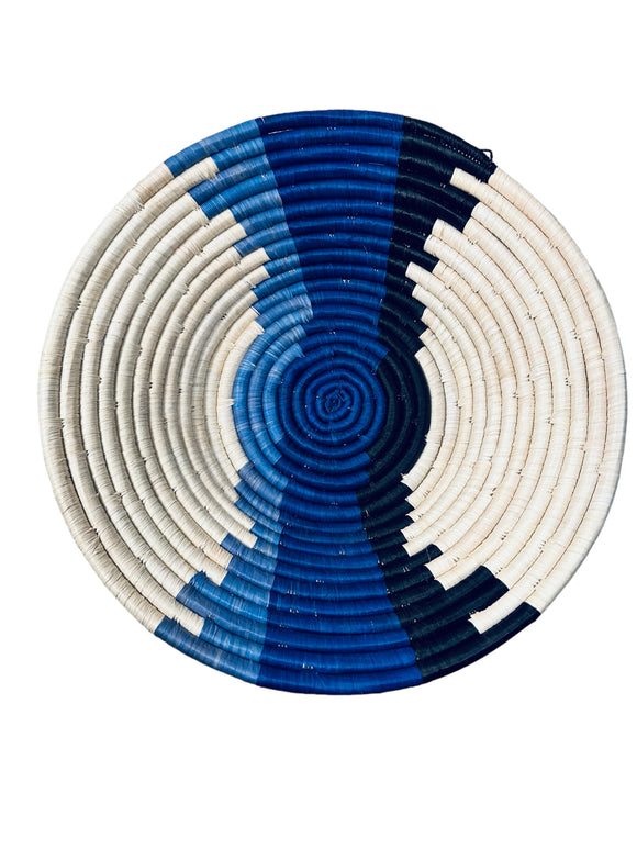 African  Uganda Woven Bowl - Coastal Straight line Blues & White 12