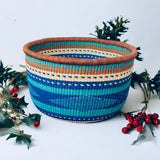 African Round Storage Bolga Ghana Woven Basket -Large  Blue No Handles
