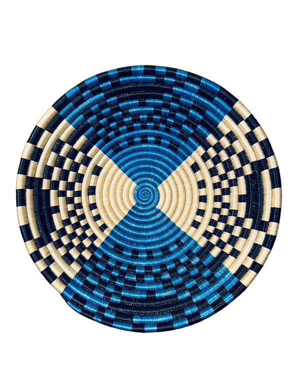 African  Rwanda Woven Basket - Blue & Tan