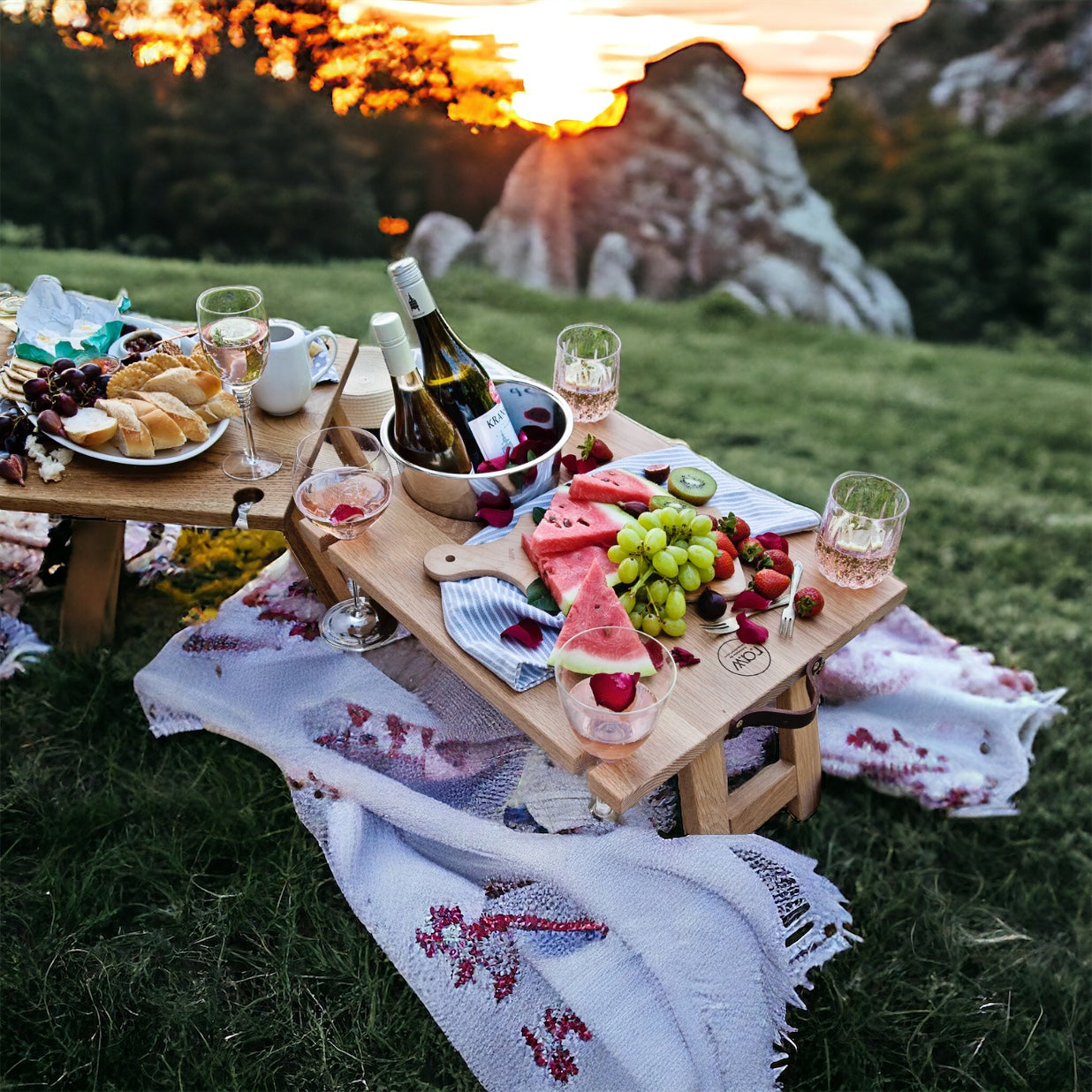 Portable Picnic Table With 4 Wine Glasses Holder, Functional Bamboo Snack Tray Table -Foldable For Party, Picnic, Camping, Beach (12.5" X