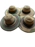 Ghanaian Straw Hats With Wide Brim Band & Leather -  Green Assorted