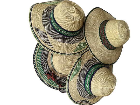 Ghanaian Straw Hats With Wide Brim Band & Leather -  Green Assorted