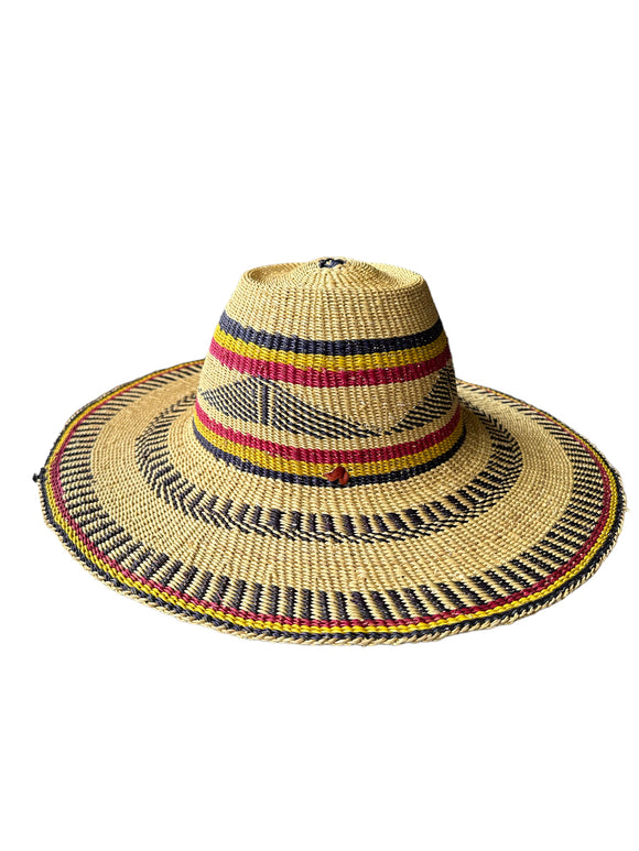 Ghanaian Straw Hats With Wide Brim Band & Leather -  Mustard & Navy Blue