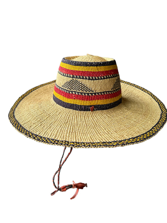 Ghanaian Straw Hats With Wide Brim Band & Leather -  Flag