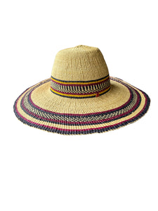 Ghanaian Straw Hats With Wide Brim Band & Leather -  Purple