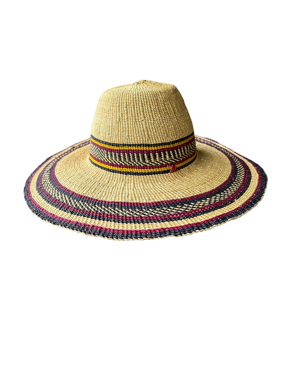 Ghanaian Straw Hats With Wide Brim Band & Leather -  Purple