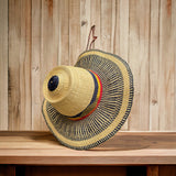 Ghanaian Straw Hats With Wide Brim Band & Leather -  Flag With Navy Blue