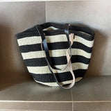 Black and White Stripes Mifuko Kiondo Kenya Beach Bag, Shopping Bag, Picnic Bag, Storage, Floor Basket, Home Decor Diameter: 17" x  Height: 13" With Straps: 25"